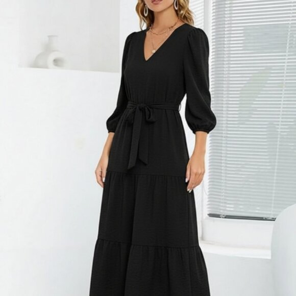 !NEW! DKNY Elegant Black Midi Dress Size 4 with Puffed Sleeves - Picture 1 of 6